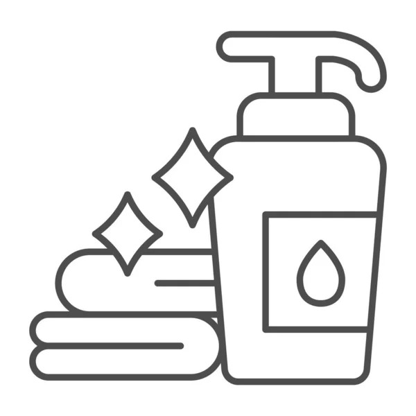 Жидкое мыло и чистые полотенца тонкая линия значок, макияж рутинной концепции, гигиенические продукты в ванной знак на белом фоне, полотенце и бутылка мыла значок в стиле наброска. Векторная графика. — стоковый вектор