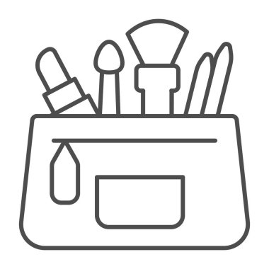 Kozmetik ince çizgi ikonlu kadın çantası, makyaj rutin konsepti, beyaz arka planda kozmetik imzalı güzellik uzmanı, içeriği taslak şeklinde olan kadın çantası. Vektör grafikleri.
