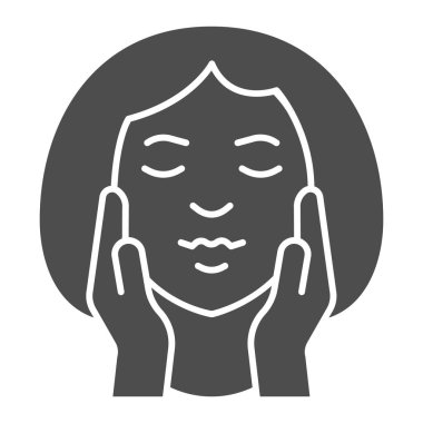 Kız kafası ve elleri yanaklarında sağlam bir simge, makyaj rutini konsepti, beyaz arka planda yüz masajı tabelası, mobil ve web için el sembolü olan kadın yüzü. Vektör grafikleri.