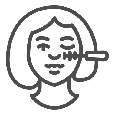 Kirpik fırçası ve kız yüz çizgisi ikonu, makyaj rutini konsepti, beyaz arka planda kadın yüzü ve rimel işareti, rimel ikonu ile ana hatlarıyla makyaj yapan kadın. Vektör grafikleri.