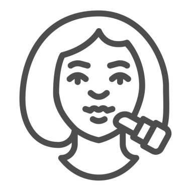 Ruj ve kız yüz çizgisi ikonu, makyaj rutini konsepti, beyaz arka planda makyajlı kadın yüzü imzası, cep telefonu için ruj izi olan kadın portresi. Vektör grafikleri.