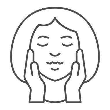 Kız kafası ve elleri yanaklarda, ince çizgi ikonu, makyaj rutini konsepti, beyaz arka planda yüz masajı tabelası, cep telefonu ve internet için el ikonu olan kadın yüzü. Vektör grafikleri.