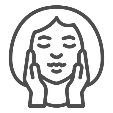 Kız kafa ve eller yanak çizgisinde, makyaj rutini konsepti, beyaz arka planda yüz masajı tabelası, elleri mobil ve web için taslak şeklinde olan kadın yüzü. Vektör grafikleri.