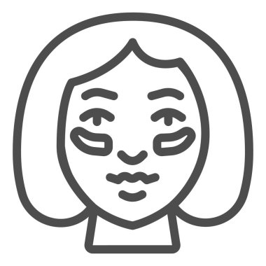 Göz bantları kız yüz çizgisi ikonunda, makyaj rutini konsepti, beyaz arka planda yamalar olan kız yüzü, cep telefonu için ana hatlı kadın yüz ikonu üzerinde jel yaması. Vektör grafikleri.