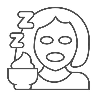 Yüzündeki gece kremi maskesi ince çizgi ikonu, makyaj rutini konsepti, beyaz arka planda güzellik tedavi tabelası, rahatlama ikonu olarak gece yüz kremi. Vektör grafiği.