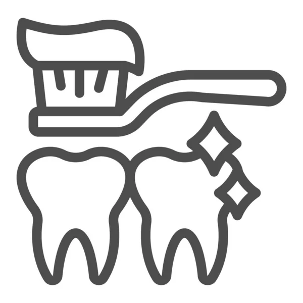 歯磨き粉ときれいな歯のラインアイコン、メイクルーチンのコンセプト、白い背景に歯のケアサイン、モバイル用アウトラインスタイルで健康的な歯と歯のブラシアイコンを持つ歯ブラシ。ベクトルグラフィックス. — ストックベクタ