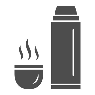 Termos ve kupa şeklindeki sıcak çay, dünya snowboard günü konsepti, beyaz arka planda elektrikli süpürge tabelası, termos şişesi ve kabartma şeklinde sıcak içecek ikonu. Vektör grafikleri.