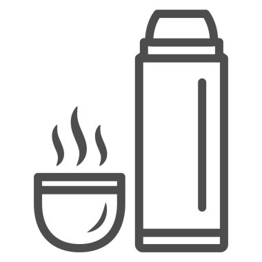 Termos ve kupa çizgisi ikonu, dünya snowboard günü konsepti, beyaz arka planda vakum tüpü tabelası, termos şişesi ve ana hatlarıyla sıcak içecek ikonu. Vektör grafikleri.