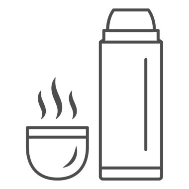 Termos ve sıcak çay bardakta ince çizgi ikonu, dünya snowboard günü konsepti, beyaz arka planda elektrikli süpürge tabelası, termos şişesi ve bardakta ana hatlarıyla sıcak içecek ikonu. Vektör grafikleri.