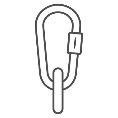 İnce çizgi ikonu, Dünya Snowboard Günü konsepti, beyaz arka planda yürüyüş karabinası işareti, mobil konsept ve web tasarımı için ana hatlı karabina ekipman ikonu. Vektör grafikleri.