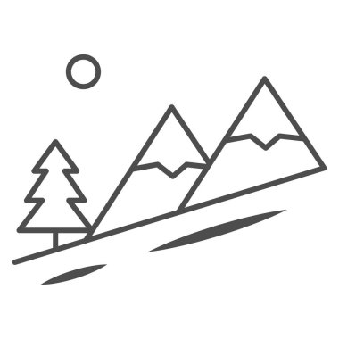 Kış manzarası ince çizgi ikonu, Dünya snowboard günü konsepti, beyaz arkaplandaki dağ tabelasından soyu, mobil ve web için ana hatlarda kayak pisti ikonu. Vektör grafikleri.