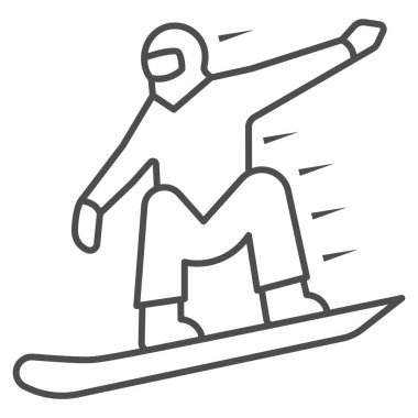 Snowboardcu ince çizgi ikonu, Dünya Snowboard Günü konsepti, beyaz zemin üzerinde snowboard tabelası, mobil ve web tasarımı için tasarım tarzında snowboardcu simgesi silueti. Vektör grafikleri.