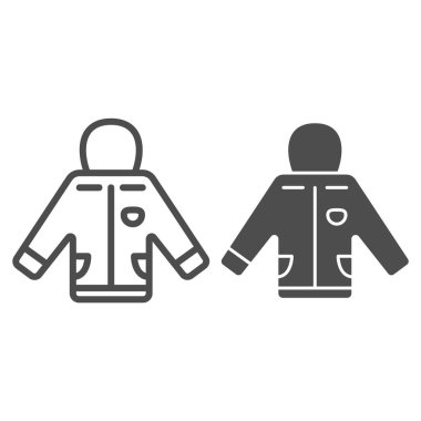 Kaput çizgisi ve sağlam bir ikona sahip yalıtılmış ceket, Dünya snowboard günü konsepti, beyaz arka planda kayak takımı tabelası, mobil ve web tasarımı için ana hatları belirlenmiş Snowboard ceket ikonu. Vektör grafikleri.