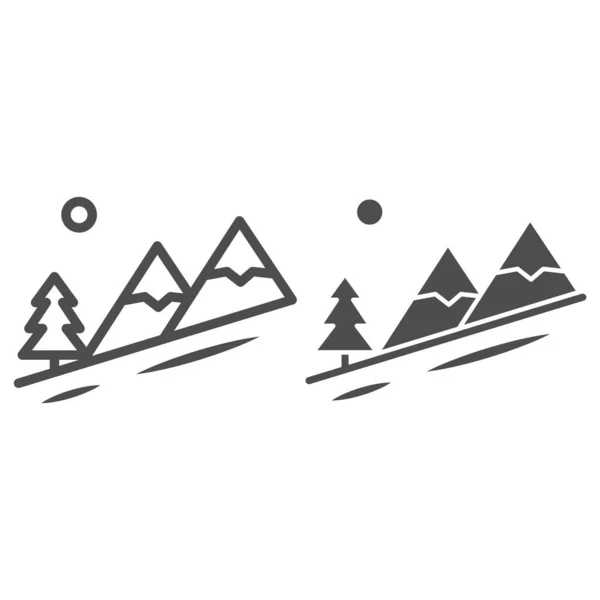 冬の山の風景ラインと固体アイコンは、世界のスノーボードの日のコンセプトは、白い背景に山の標識から降下、モバイルやウェブのアウトラインスタイルでスキートラックのアイコン。ベクトルグラフィックス. — ストックベクタ