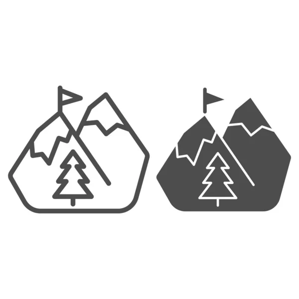 Mountains in snow line and solid icon, World snowboard day concept, winter mountain sign on white background, Snow Mountains with Flag icon in outline style for mobile and web design. Vector graphics. — Stock Vector
