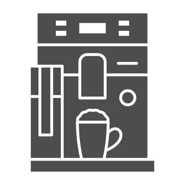 Kahve makinesi katı ikonu, barmenler günü konsepti, beyaz arka planda barmen teçhizatı tabelası, mobil konsept ve web tasarımı için kabartma tarzı kahve makinesi ikonu. Vektör grafikleri.