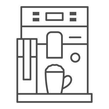 Kahve makinesi, ince çizgi ikonu, Barmenler Günü konsepti, beyaz arka planda barmen teçhizatı tabelası, mobil konsept ve web tasarımı için ana hatlı kahve makinesi ikonu. Vektör grafikleri.