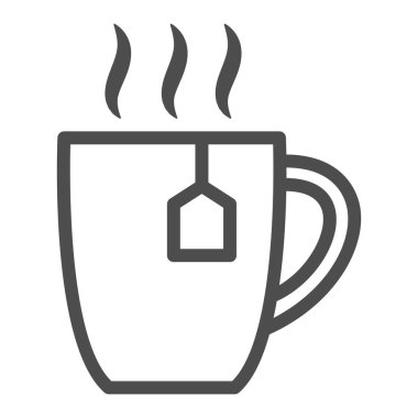 Çay poşeti hattı ikonu, Barmenler Günü konsepti, beyaz arka planda bir fincan çay tabelası, mobil konsept ve web tasarımı için ana hatlı sıcak içecek ikonu olan bardak. Vektör grafikleri.