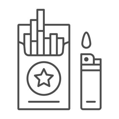 Bir paket sigara ve daha hafif çizgi ikonu, bağımlılık kavramı, beyaz arka planda nikotin bağımlılığı işareti, sigaralar ve mobil ve web için ana hatlarda daha hafif ikon. Vektör grafikleri.