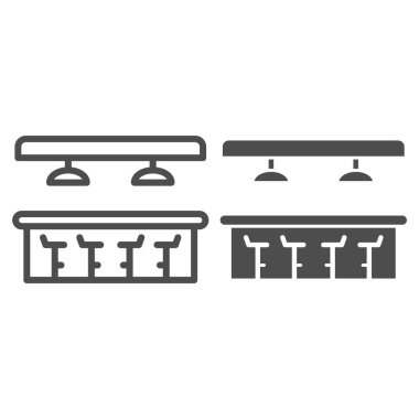 Bar sayacı ve sağlam ikon, Barmenler Günü konsepti, beyaz arka planda bar veya bar tabelası, mobil ve web tasarımı için tabure şeklinde tabure simgesi olan bar tezgahı. Vektör grafikleri.