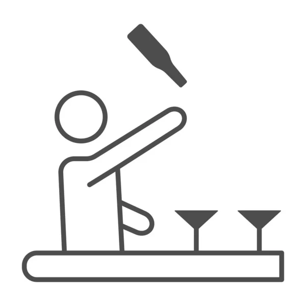 Barkeeper wirft eine Flasche Getränk Thin Line Symbol, Bartenders Day Konzept, Bartender jongliert Getränke Zeichen auf weißem Hintergrund, Barmann bereitet Cocktail-Symbol in Umriss Stil. Vektorgrafik. — Stockvektor