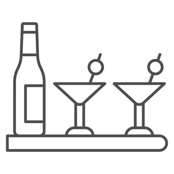 Láhev a sklenice koktejlů tenké čáry ikony, Barmanský den koncept, Koktejl bar menu podepsat na bílém pozadí, láhev a martini brýle ikona v obrysu stylu. Vektorová grafika. — Stockový vektor