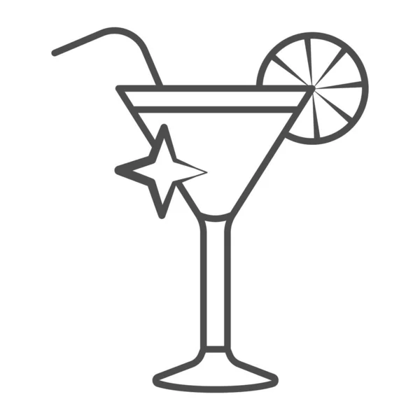 Cocktail in vetro triangolare a linea sottile icona, concetto Bartender Day, segno di vetro martini su sfondo bianco, bicchiere da cocktail con limone e icona di paglia da bere in stile contorno. Grafica vettoriale. — Vettoriale Stock