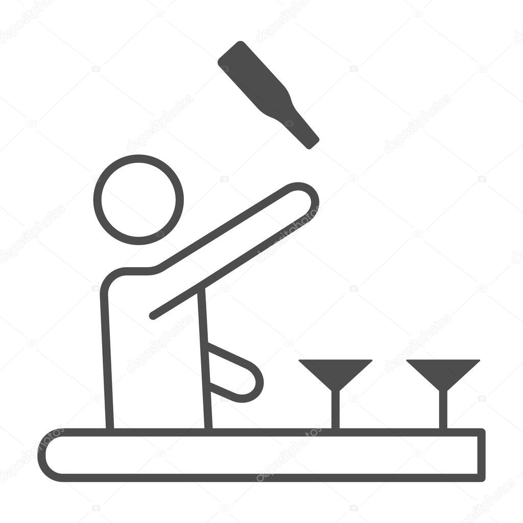Bartender throws up a bottle of drink thin line icon, Bartenders Day concept, Bartender juggles drinks sign on white background, barman prepares cocktail icon in outline style. Vector graphics.