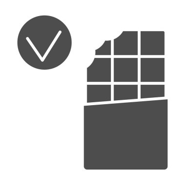 Isırılmış çikolata ve işaretli katı ikon, diş konsepti, beyaz arka planda aşırı duyarlılık işareti yok, diş, kabartmada tatlı ikona duyarlı değil. Vektör grafikleri.