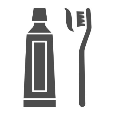 Diş macunu ve diş fırçası katı ikonu, Uluslararası dişçi günü konsepti, beyaz arka planda ağız temizliği işareti, diş fırçası ve mobil için glifli ikon yapıştırma. Vektör grafikleri.