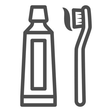 Diş macunu ve fırça çizgisi ikonu, Uluslararası dişçi günü konsepti, beyaz arka planda ağız temizliği tabelası, diş fırçası ve cep telefonu için taslak şeklinde yapıştırma simgesi. Vektör grafikleri.