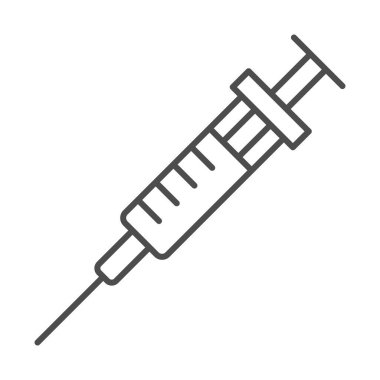 Şırınga ince çizgi ikonu, Uluslararası dişçi günü konsepti, beyaz arka planda iğne işareti, mobil konsept ve web tasarımı için ana hatlı iğne ikonu. Vektör grafikleri.