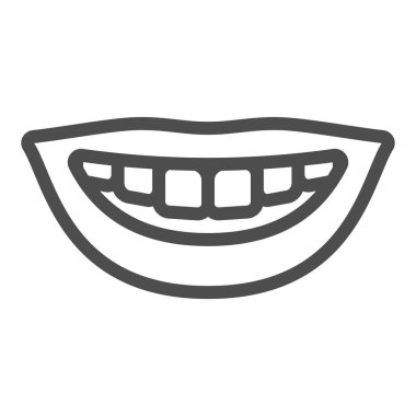 Güzel, sağlıklı bir gülümseme çizgisi ikonu, Uluslararası dişçi günü konsepti, beyaz arka planda beyaz diş gülümseme işareti, mobil ve web tasarımı için ana hatlı bir diş ikonu. Vektör grafikleri.
