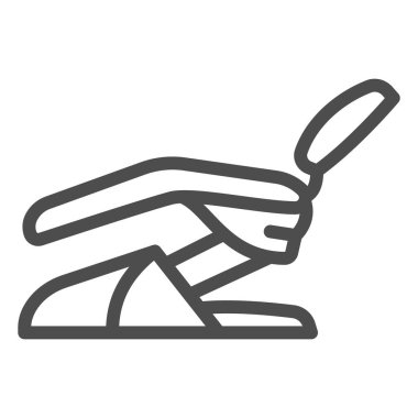 Diş hekimi çizgisi ikonu, Uluslararası dişçi günü konsepti, beyaz arka planda diş hekimi koltuğu tabelası, mobil tasarım için Stomatoloji tıbbi koltuk ikonu. Vektör grafikleri.