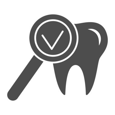 Diş macunu ikonu incelenmesi, Uluslararası dişçi günü konsepti, beyaz arka planda büyüteç işareti olan diş macunu, glifli diş muayenesi ikonu. Vektör grafikleri.