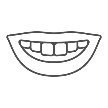 Sağlıklı gülümseme, ince çizgi ikonu, Uluslararası dişçi günü konsepti, beyaz arka planda beyaz diş gülümseme işareti, mobil ve web tasarımı için ana hatlı diş ikonu. Vektör grafikleri.