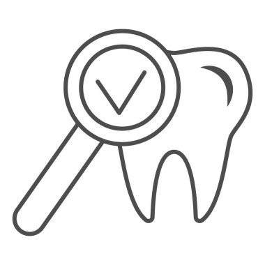 Diş inceltme çizgisi ikonu, Uluslararası dişçi günü konsepti, beyaz arka planda büyüteç işareti olan diş hekimi muayenesi, ana hatlarıyla ilgili ikon. Vektör grafikleri.