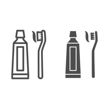 Diş macunu ve fırça çizgisi ve katı ikon, Uluslararası dişçi günü konsepti, beyaz arka planda ağız temizliği tabelası, diş fırçası ve mobil için taslak stil ikonu. Vektör grafikleri.