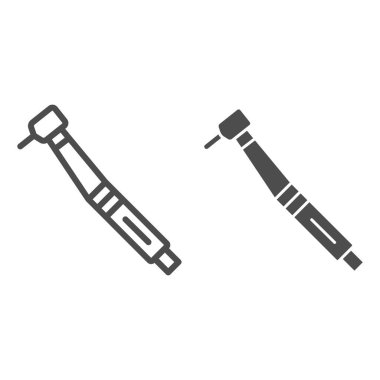 Diş matkabı hattı ve katı ikon, Uluslararası dişçi günü konsepti, beyaz arka planda stomatolojik araç tabelası, mobil ve web için ana hatlı diş sondaj makinesi simgesi. Vektör grafikleri.