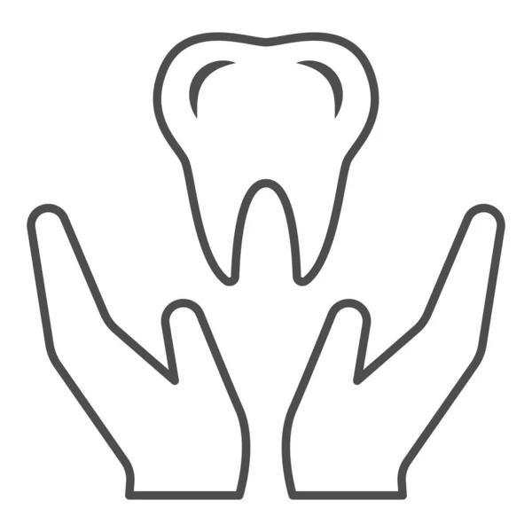 Tand i händer tunn linje ikon, Internationell tandläkare dagskoncept, tandvård tecken på vit bakgrund, Tandläkare håller tand i händerna ikon i kontur stil för mobil och webben. Vektorgrafik. — Stock vektor