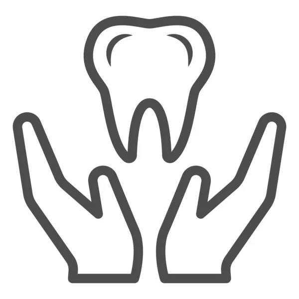 Diente en las manos icono de la línea, concepto de día dentista internacional, signo de cuidado dental sobre fondo blanco, dentista sostiene diente en las manos icono en el estilo de esquema para móviles y web. Gráficos vectoriales. — Vector de stock