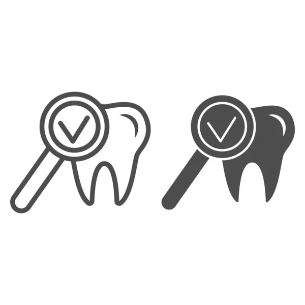 치아 선과 단단 한 아이콘의 검사, 국제 치과 일 개념, 흰색 배경에 돋보기 표시가 있는 치아, 골자 스타일의 치아 검사 아이콘. 벡터 그래픽. — 스톡 벡터