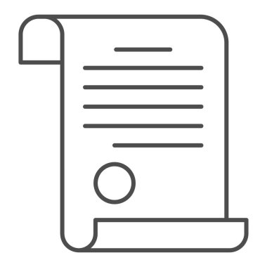 Sertifika ince çizgi simgesi, okul konsepti, beyaz arka planda diploma işareti, cep telefonu konsepti ve web tasarımı için ana hatlı bir pul simgesi olan belge. Vektör grafikleri.