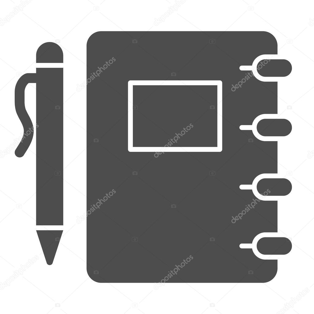 Notepad and pen solid icon, school concept, spiral notebook with pen sign on white background, pad for notes icon in glyph style for mobile concept and web design. Vector graphics