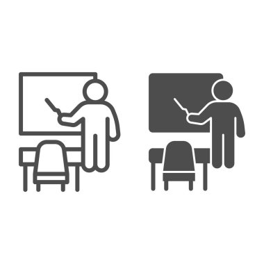 Tahtaya yakın öğretmen, masa başı çizgisi, katı ikon, okul konsepti, beyaz arkaplan, öğrenci, yazı tahtası, web tasarımı için özet şeklinde işaret ve tahta tabelalı öğretmen. Vektör grafikleri.