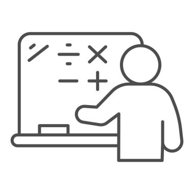 Tahtaya yakın gözbebeği, ince çizgi simgesi, okul konsepti, beyaz arkaplan üzerine yazı yazan öğrenci, matematik öğretmeni ve web tasarımı için taslak biçimli karatahta simgesi. Vektör grafikleri.