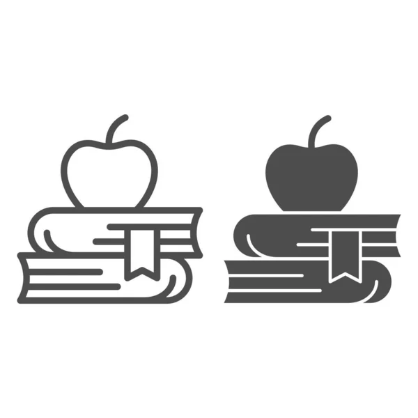 Apple en la línea de libros e icono sólido, concepto de la escuela, pila de libros y el signo de manzana en el fondo blanco, icono de símbolo de la educación en el estilo de esquema para el concepto móvil y el diseño web. Gráficos vectoriales. — Vector de stock