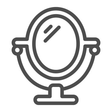 Stand-line ikonunda ayna, hijyen rutin konsepti, beyaz arka planda makyaj aynası işareti, mobil konsept ve web tasarımı için ana hatlı ayna ikonu. Vektör grafikleri.