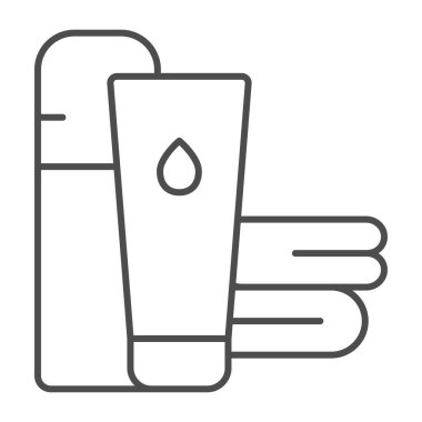 Havlu ve güneş kremi ince çizgi ikonu, su parkı konsepti, plaj aksesuarları beyaz arka planda tabelası, Beach Havlu ve mobil ve web tasarımı için ana hatlı güneş kremi ikonu. Vektör grafikleri.