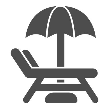 Şemsiyesi sağlam olan plaj sandalyesi, su parkı konsepti, beyaz arka planda Beach Lounger tabelası, mobil konsept ve web tasarımı için glifli şemsiye ikonu. Vektör grafikleri.